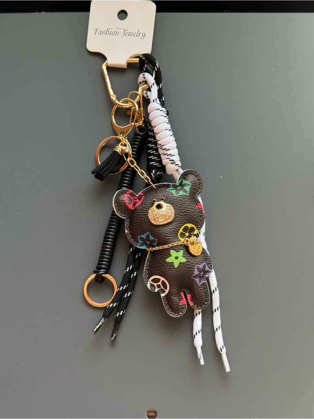 Black Floral Print Bear Keychain Bag Charm Gold Accent Coordinating Cord NWT